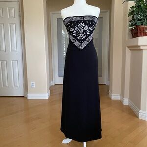 May Queen Black and White Beaded Strapless Gown Mesh Sides